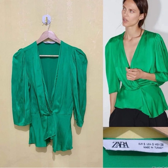 Zara satin wrap blouse emerald green Small EUC - Picture 2 of 5